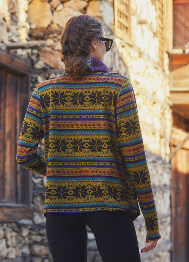 Boho Style Thumbhole Purple Rug Patterned Cardigan